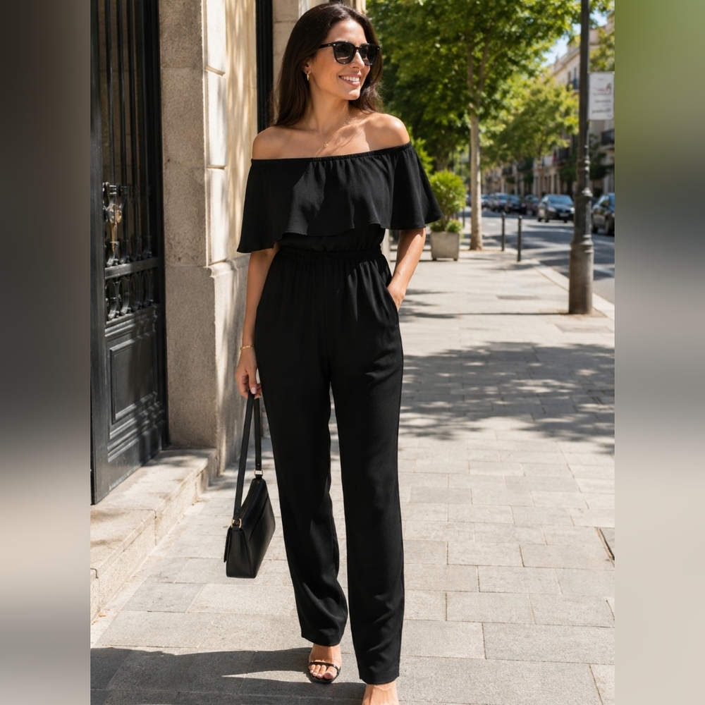 Trevo Black Off-Shoulder  Ruffled Jumpsuit  Sz S